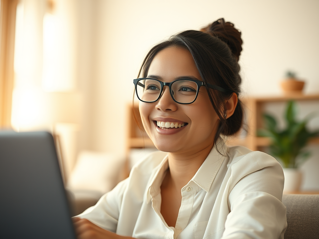 happy person in online therapy session